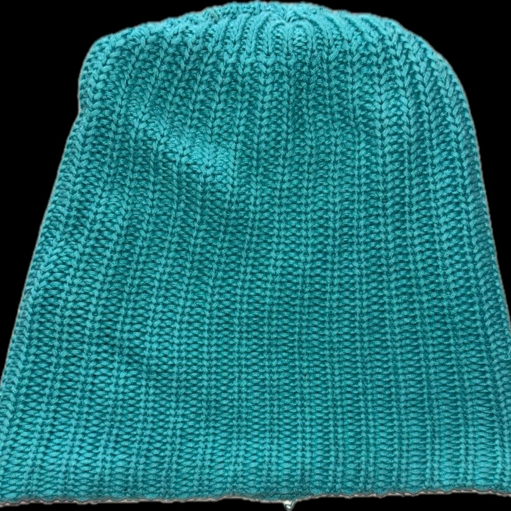 Teal Knit Beanie with Leather Patch 100% thick cable knit cotton hat skully cap - Picture 2 of 7